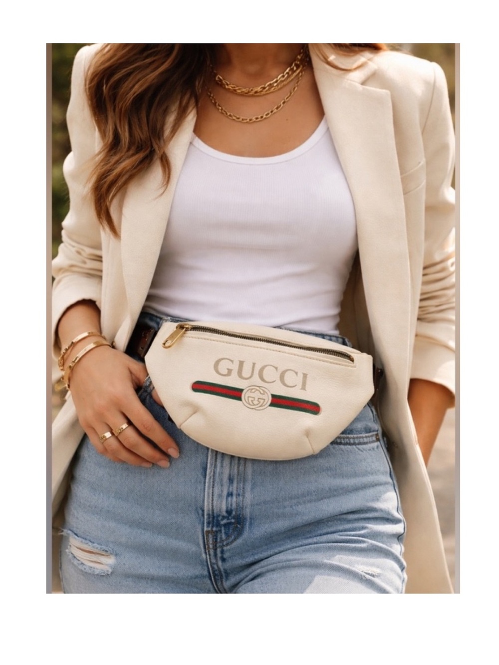 Gucci authentic white leather belt bag bum bag Fanny pack red blue strap